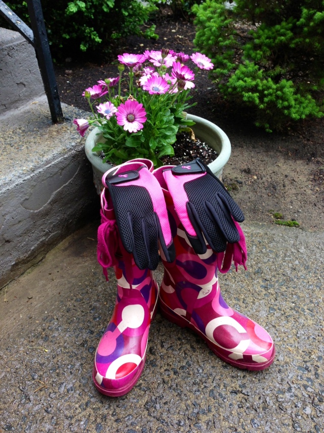 Doesn't everyone garden in pink rubber Coach boots? No way I would wear my sneakers out there.  Hello?!?